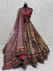 Cute Mustard Yellow Dori Work Velvet Lehenga Choli With Double Dupatta