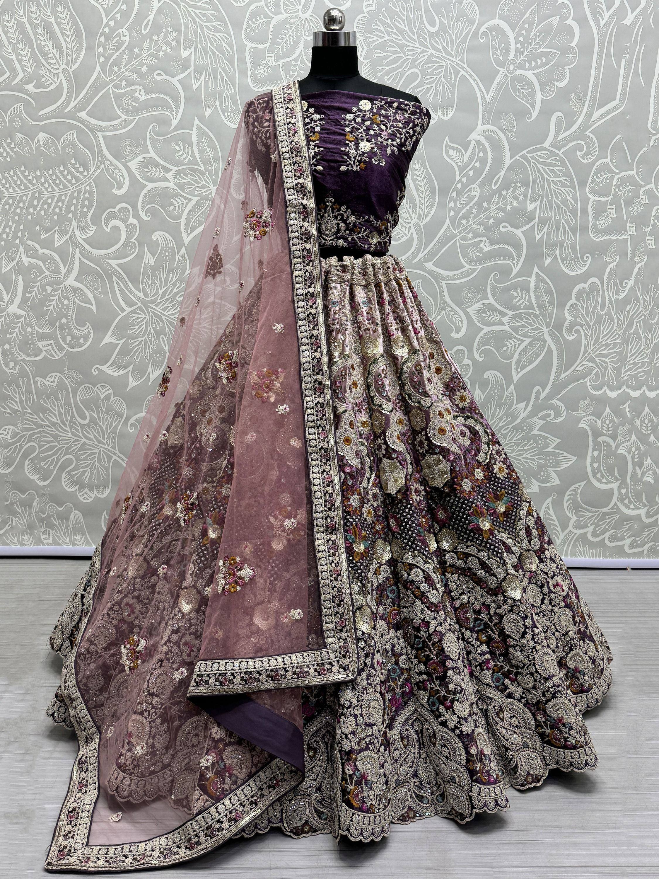 Purple embroidered lehenga choli with floral motifs and sheer dupatta, Indian ethnic wear
