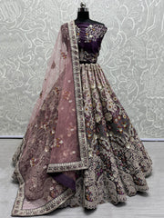Gorgeous Purple Thread Work Velvet Bridal Lehenga Choli With Dupatta