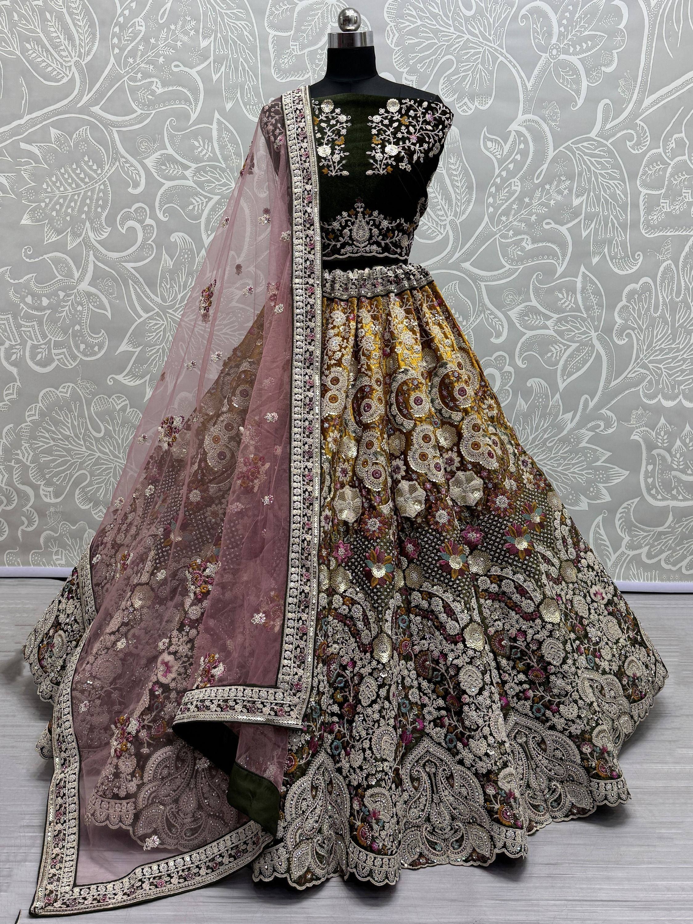 Designer lehenga choli with heavy embroidery, velvet top, and floral dupatta for Indian ethnic wear