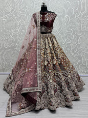 Pretty Maroon Thread Work Velvet Bridal Lehenga Choli With Dupatta