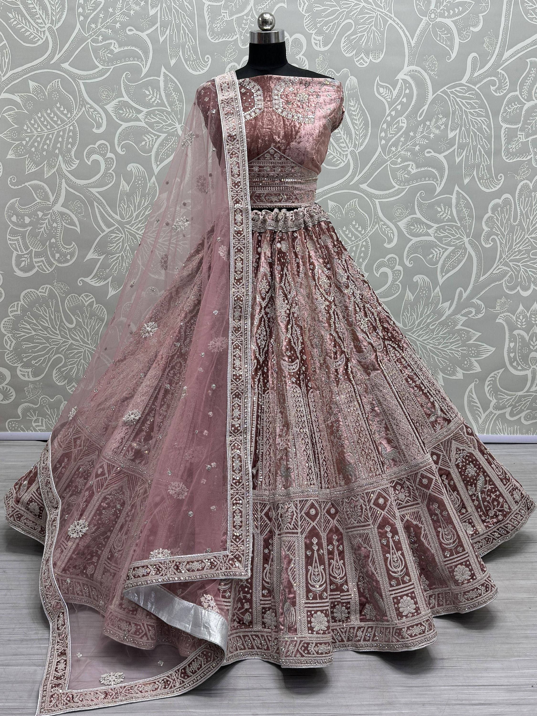 Dusty pink velvet lehenga choli with silver embroidery and net dupatta, Indian ethnic wear