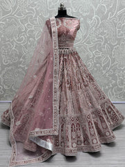 Attractive Baby Pink Thread Work Velvet Bridesmaid Lehenga Choli