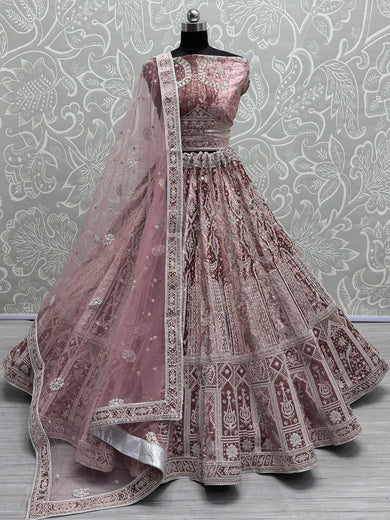 Attractive Baby Pink Thread Work Velvet Bridesmaid Lehenga Choli