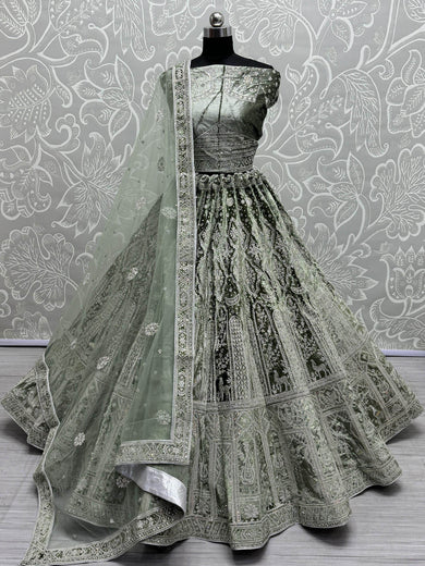Alluring Olive Green Dori Work Velvet Lehenga Choli With Dupatta