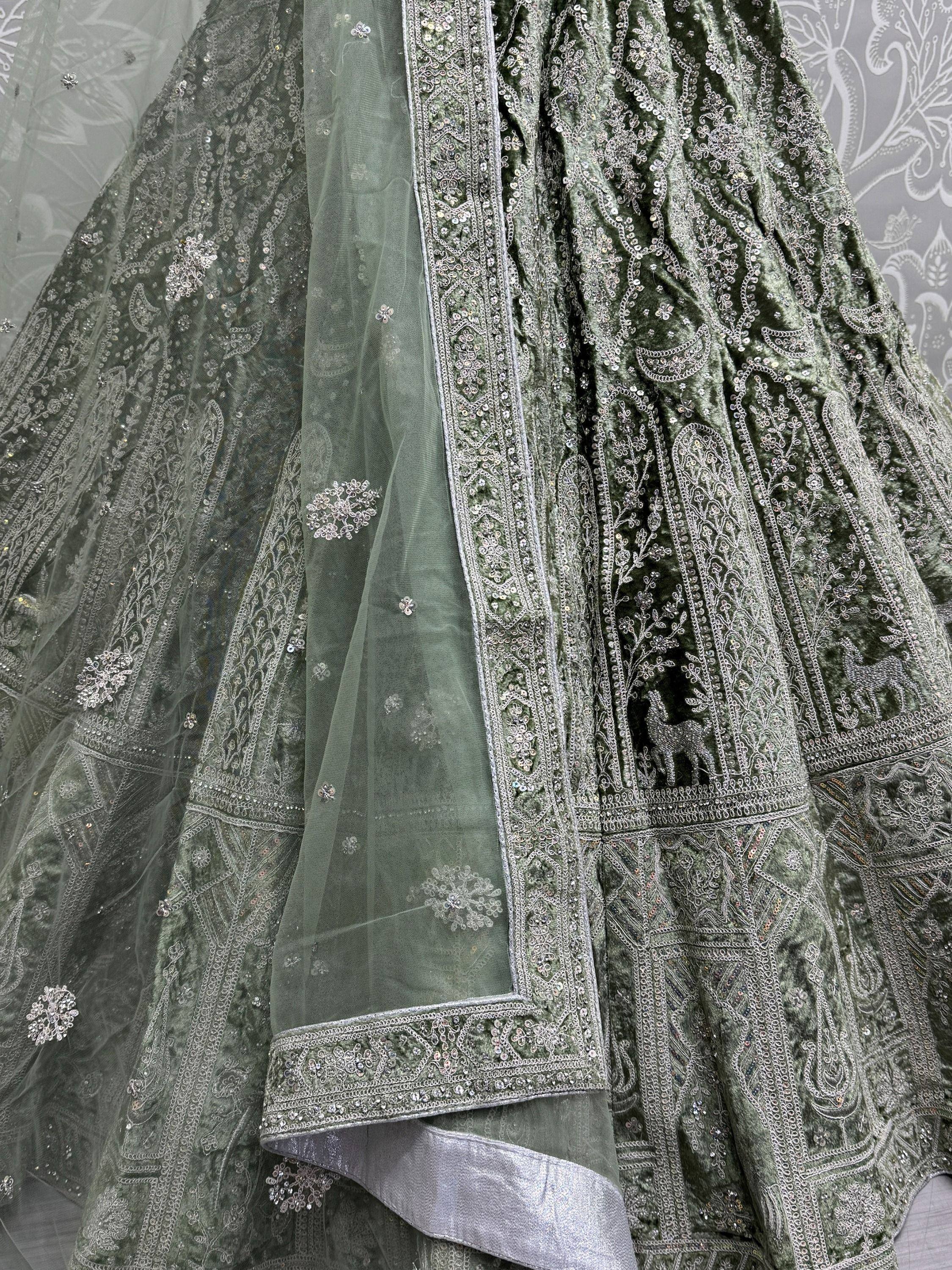 Sage green velvet lehenga choli with silver embroidery and sheer dupatta, Indian ethnic wear