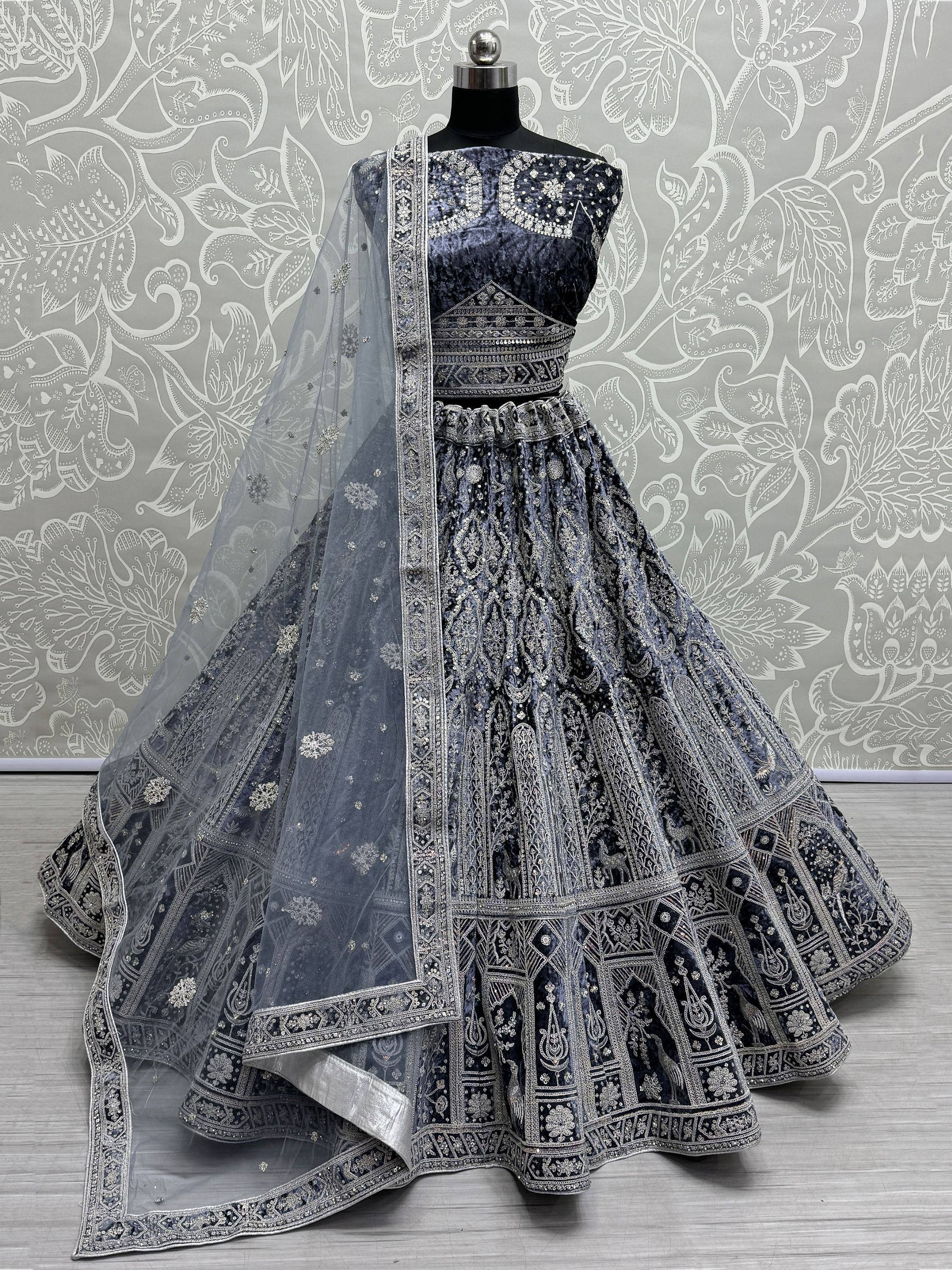Dark blue velvet lehenga choli with silver embroidery and sheer dupatta, Indian ethnic wear