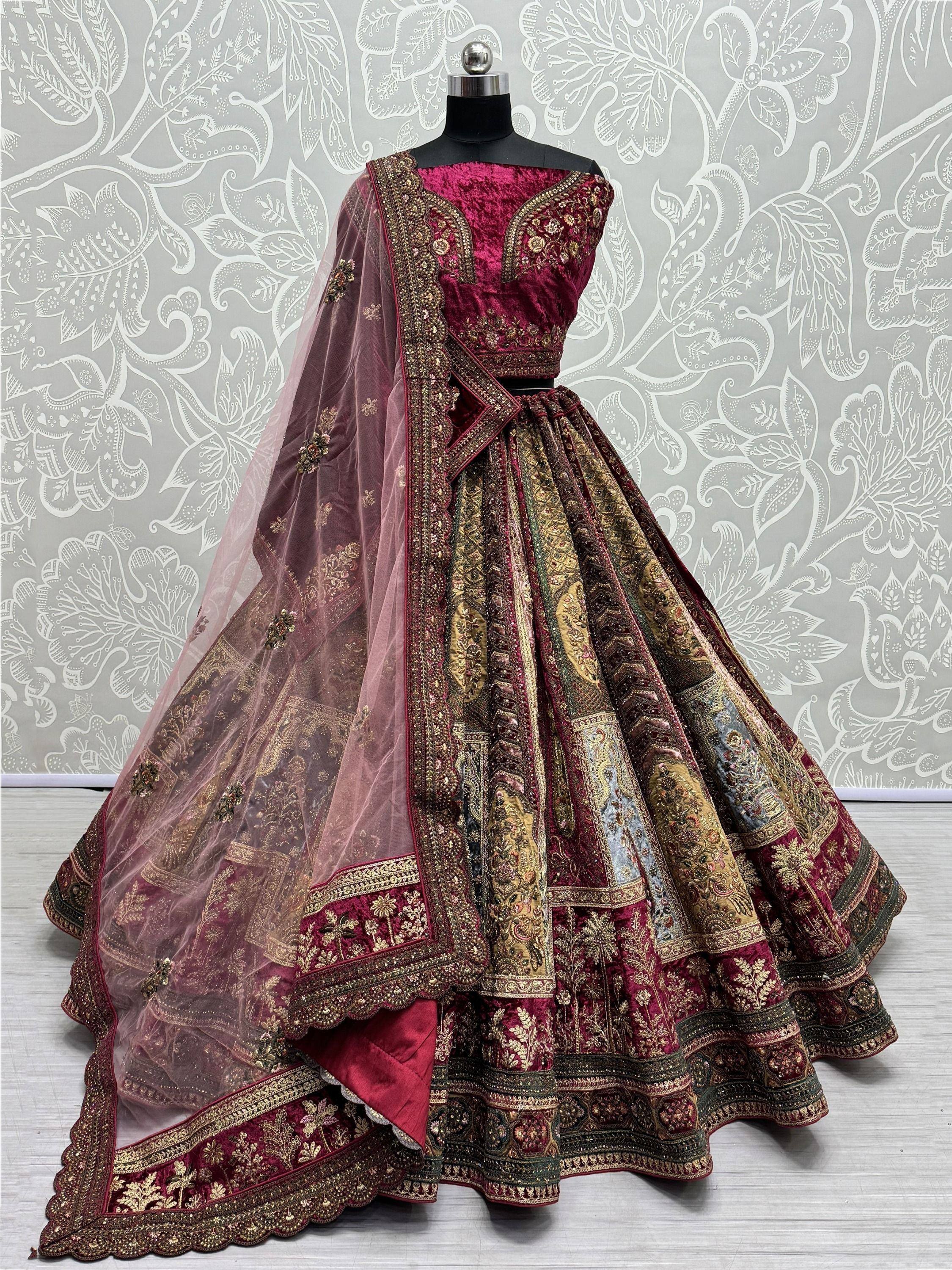 Maroon velvet lehenga choli with gold embroidery and sheer dupatta, Indian ethnic wear