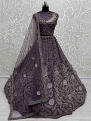 Gorgeous Purple Embroidered Net Wedding Lehenga Choli With Dupatta