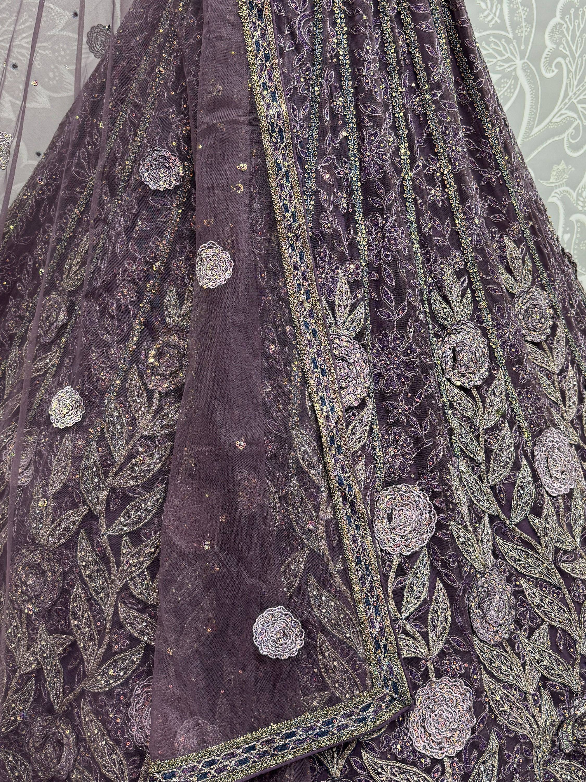 Elegant purple lehenga with intricate floral embroidery and sequin work for Indian ethnic wear