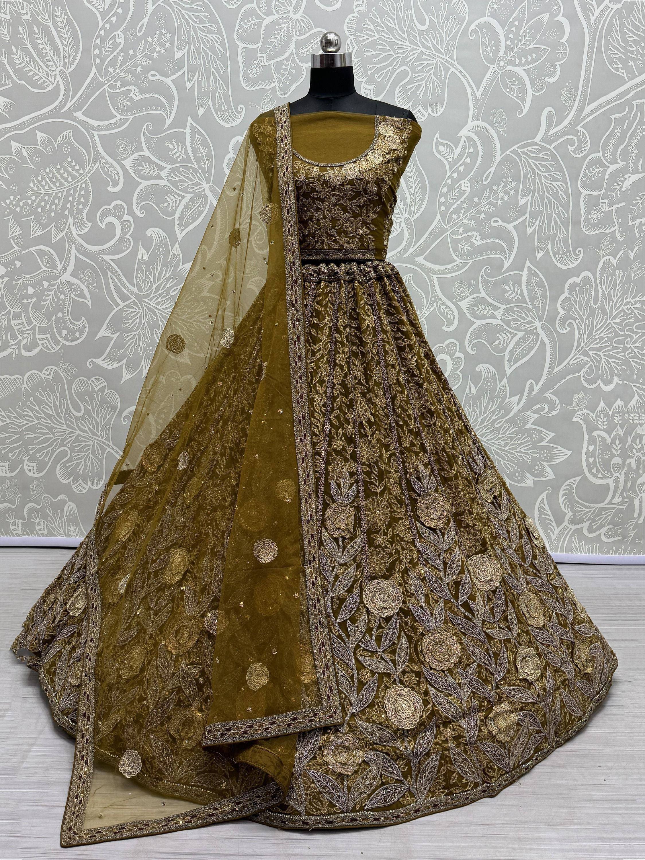 Olive green designer lehenga choli with gold floral embroidery and matching dupatta, ethnic wear for women