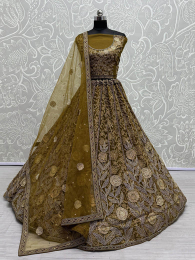 Stunning Olive Green Embroidered Net Lehenga Choli With Dupatta