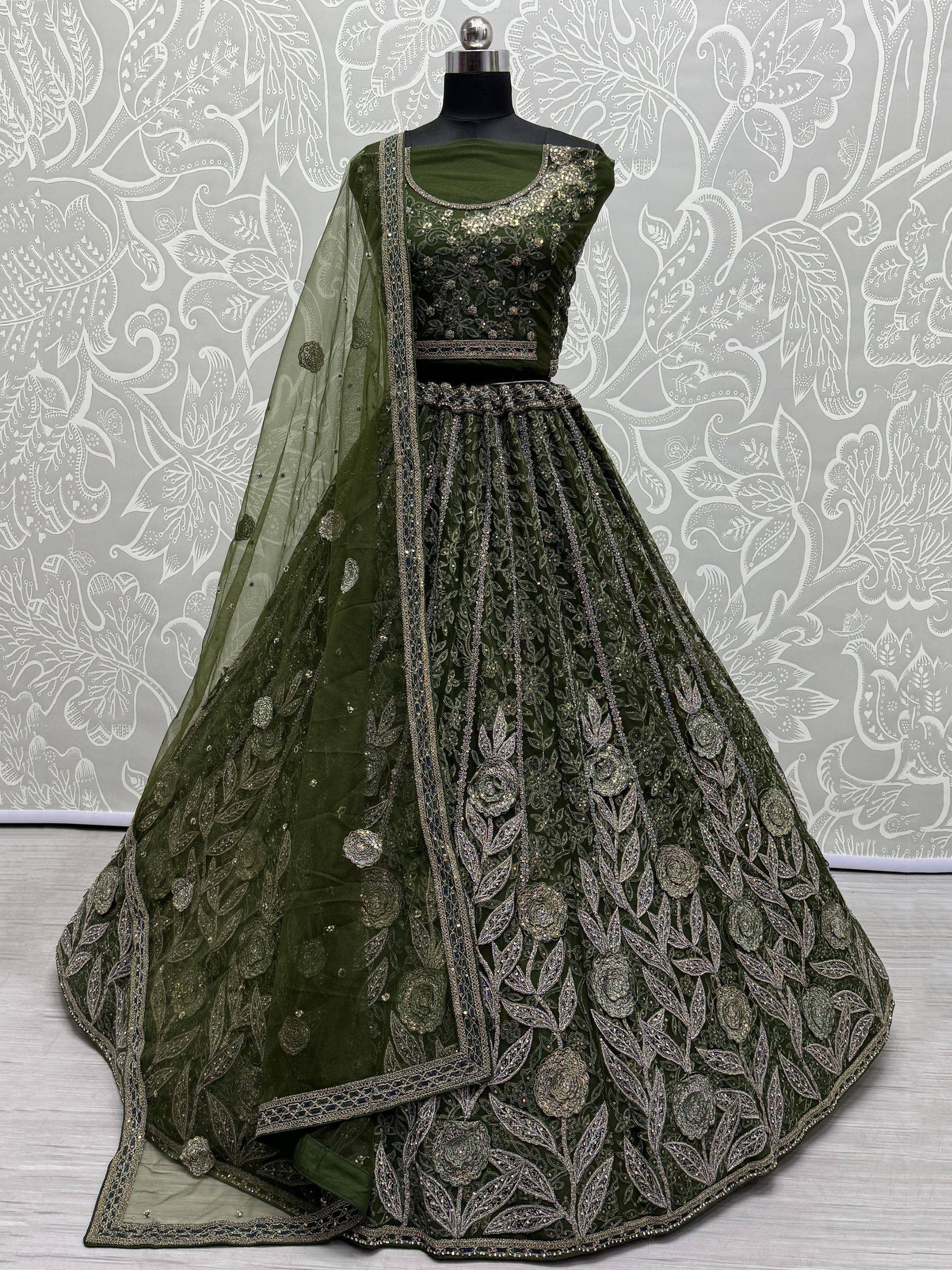 Olive green designer lehenga choli with intricate floral embroidery and sheer dupatta, perfect for Indian ethnic occasions.