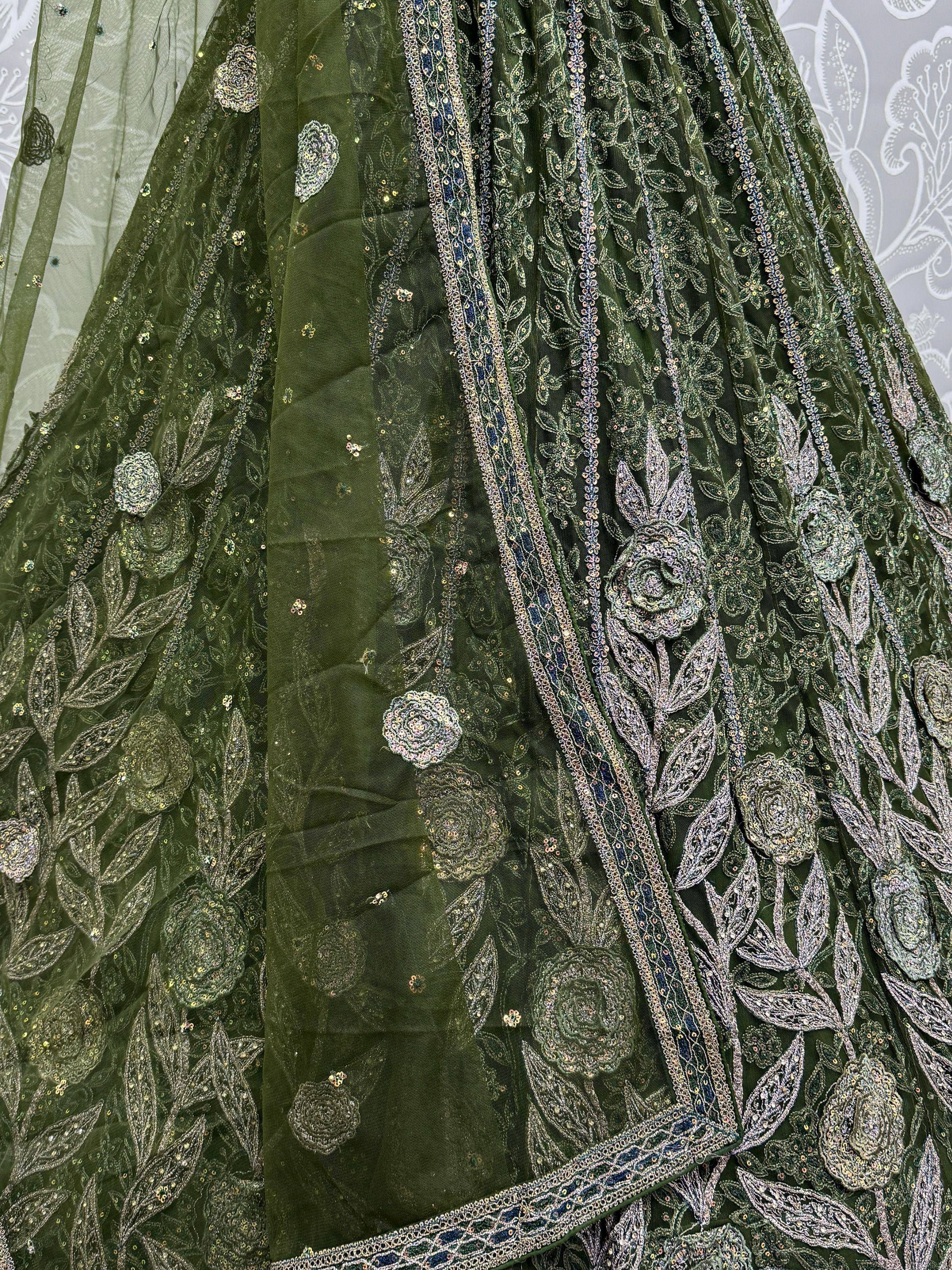 Olive green designer lehenga with intricate floral embroidery and sequin work for Indian ethnic wear