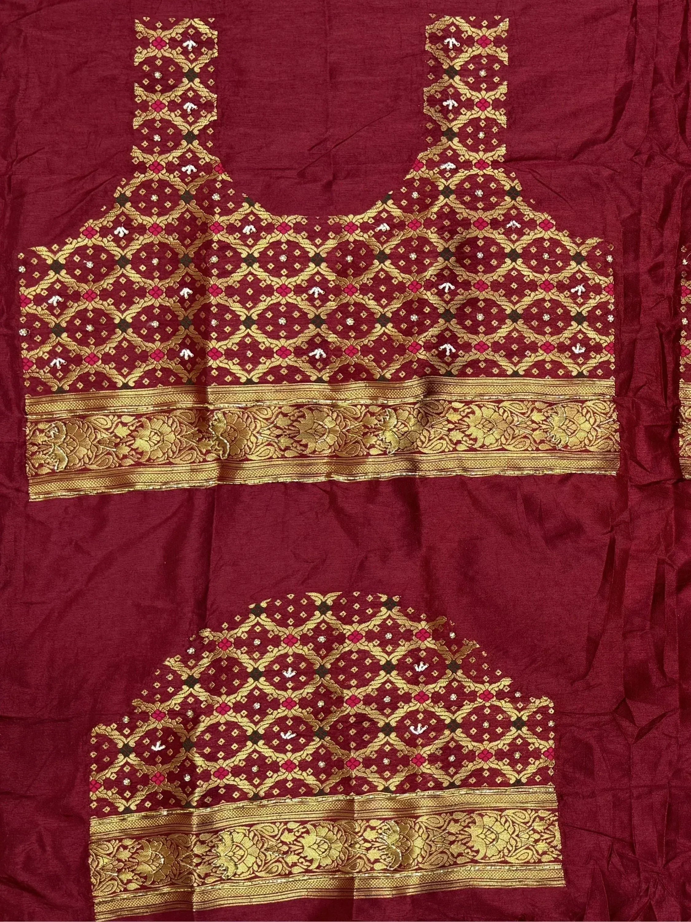 Maroon Indian ethnic blouse with gold zari embroidery and floral border, perfect for lehenga choli or saree