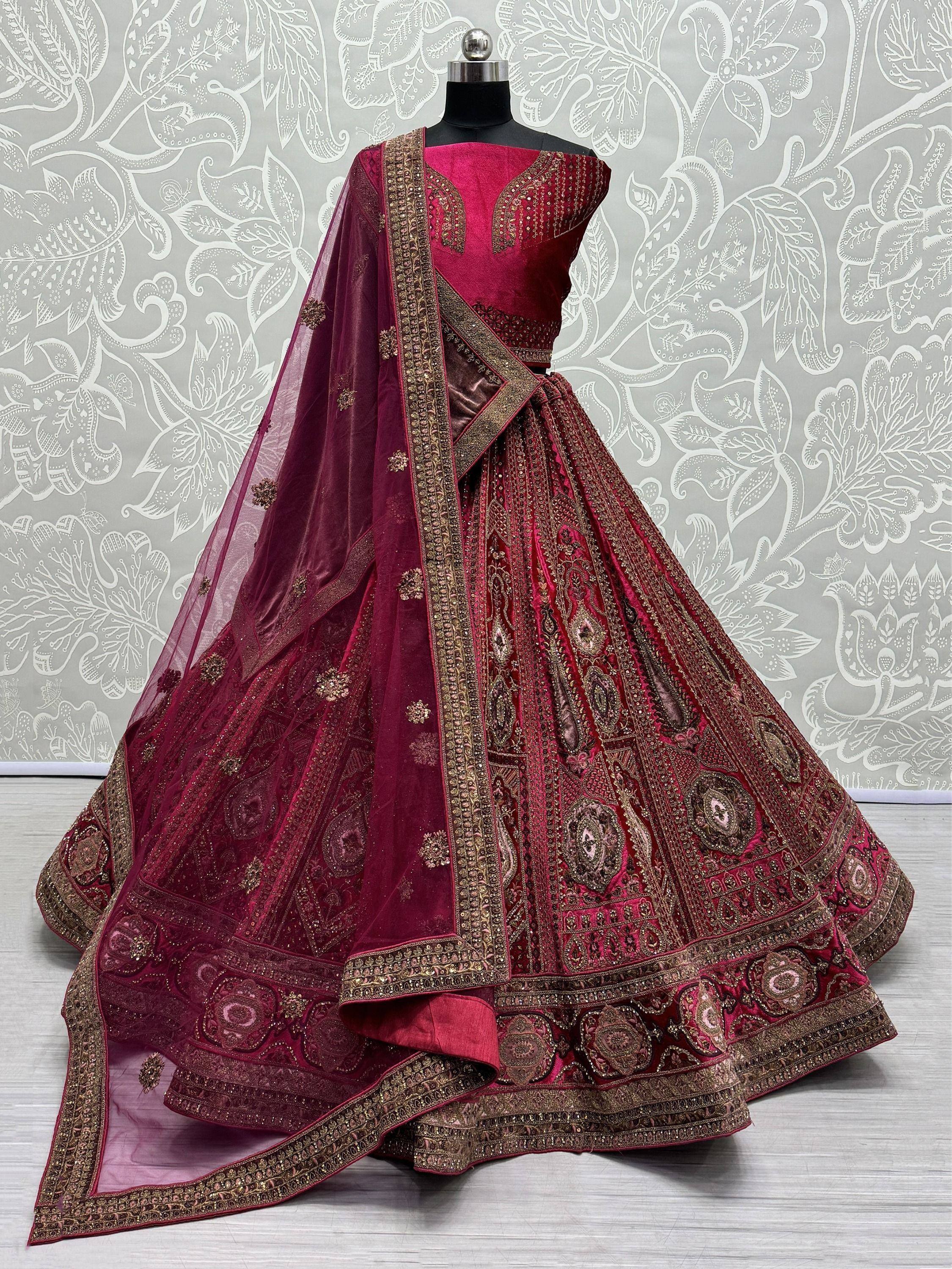 Burgundy velvet lehenga choli with gold embroidery and sheer dupatta, Indian ethnic wear
