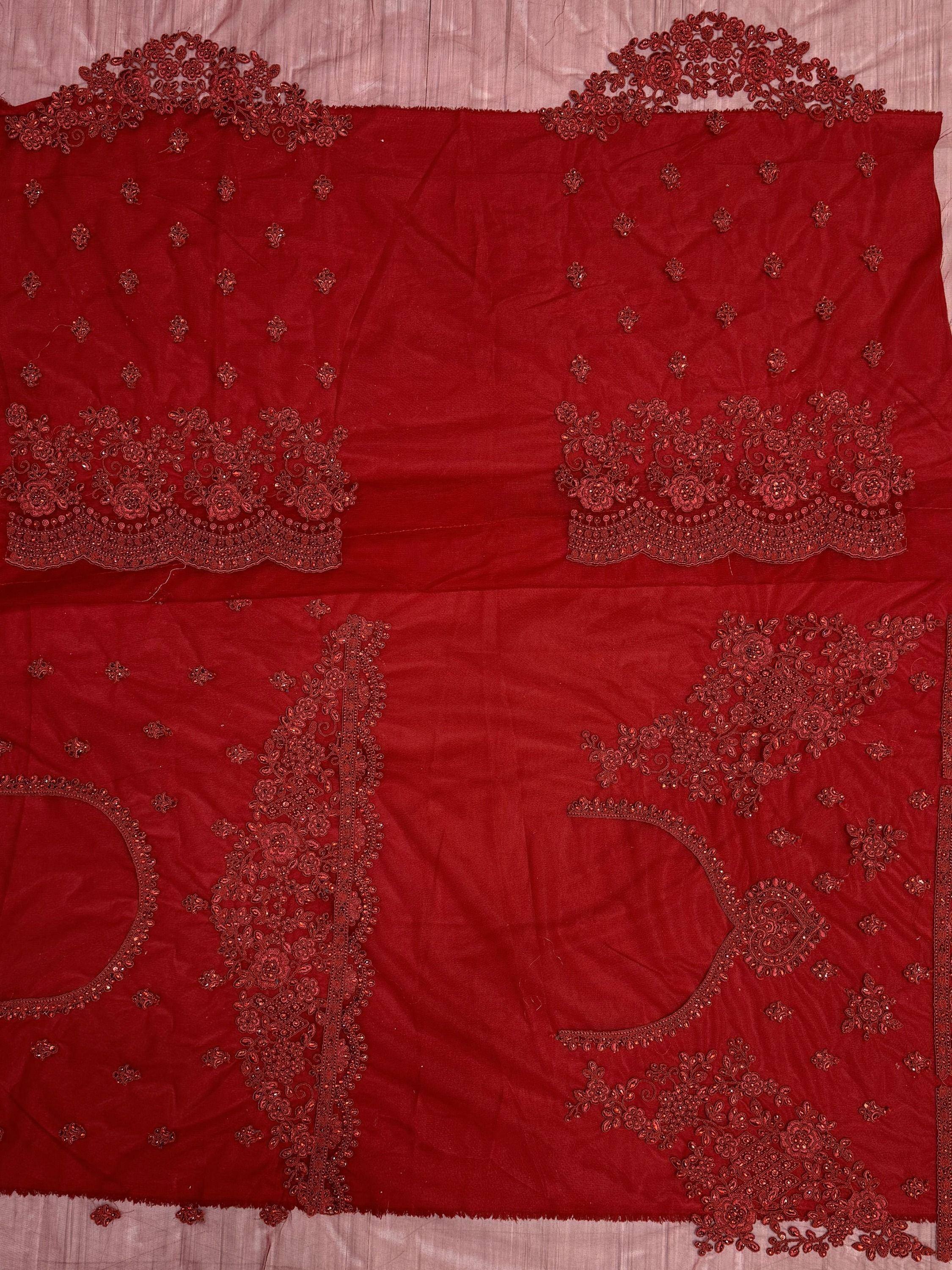 Red ethnic lehenga choli fabric with heavy floral embroidery and sequin work for Indian weddings
