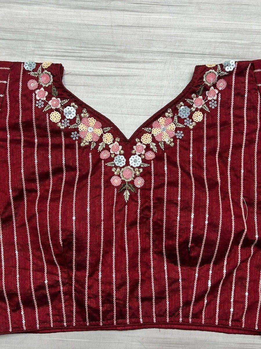 Maroon ethnic blouse with floral embroidery and sequin stripes, perfect for lehenga choli or saree