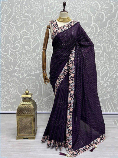 Beautiful Purple Sequins Silk Reception Wear Saree With Blouse