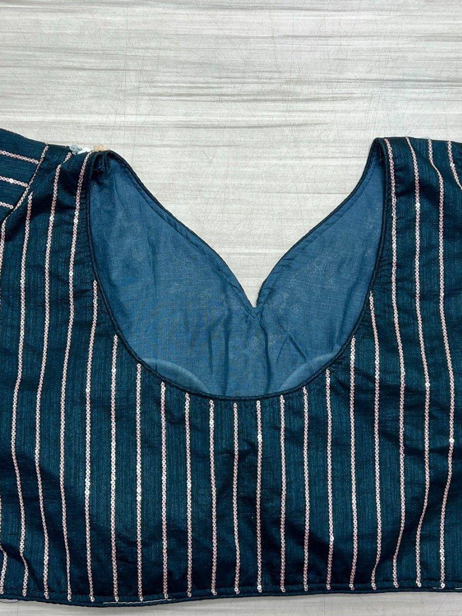 Dark blue ethnic blouse with silver sequin stripes and deep V-neckline, perfect for saree or lehenga