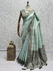 Incredible Sky-Blue Zari Weaving Kanjivaram Silk Festival Wear Saree
