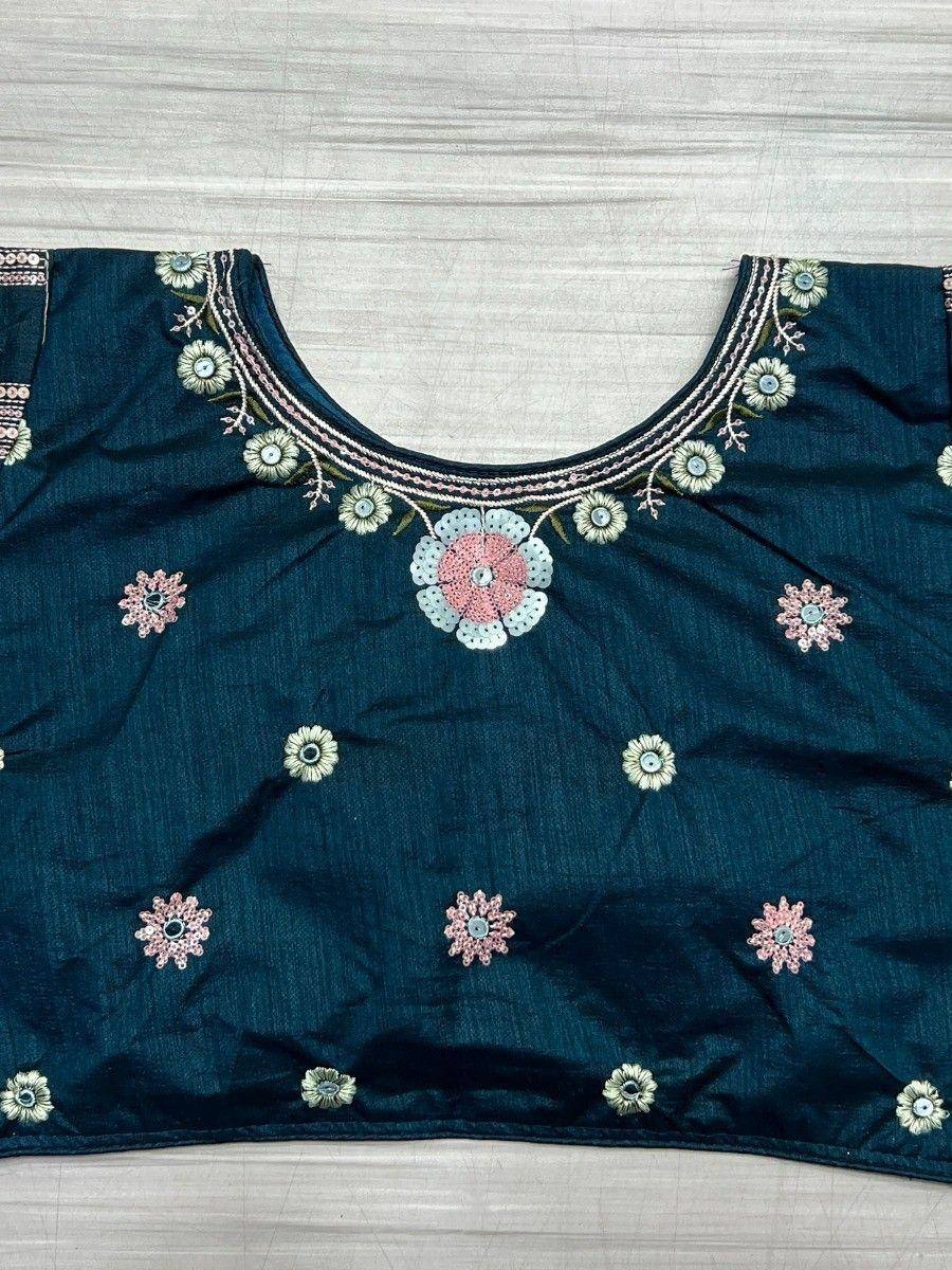 Dark blue embroidered blouse with floral motifs, perfect for ethnic wear and designer lehenga choli