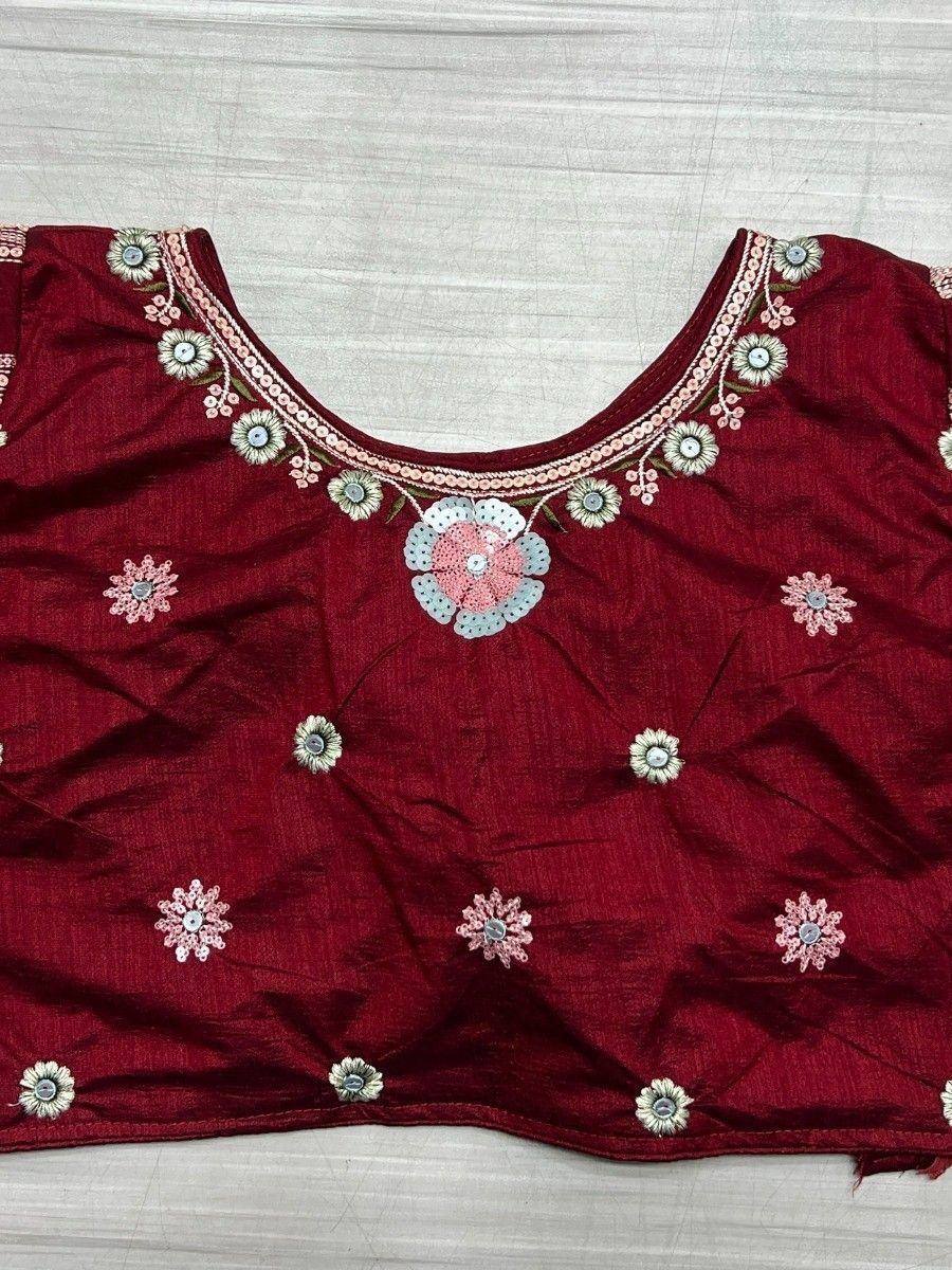 Maroon ethnic blouse with floral embroidery and mirror work, perfect for Indian designer wear
