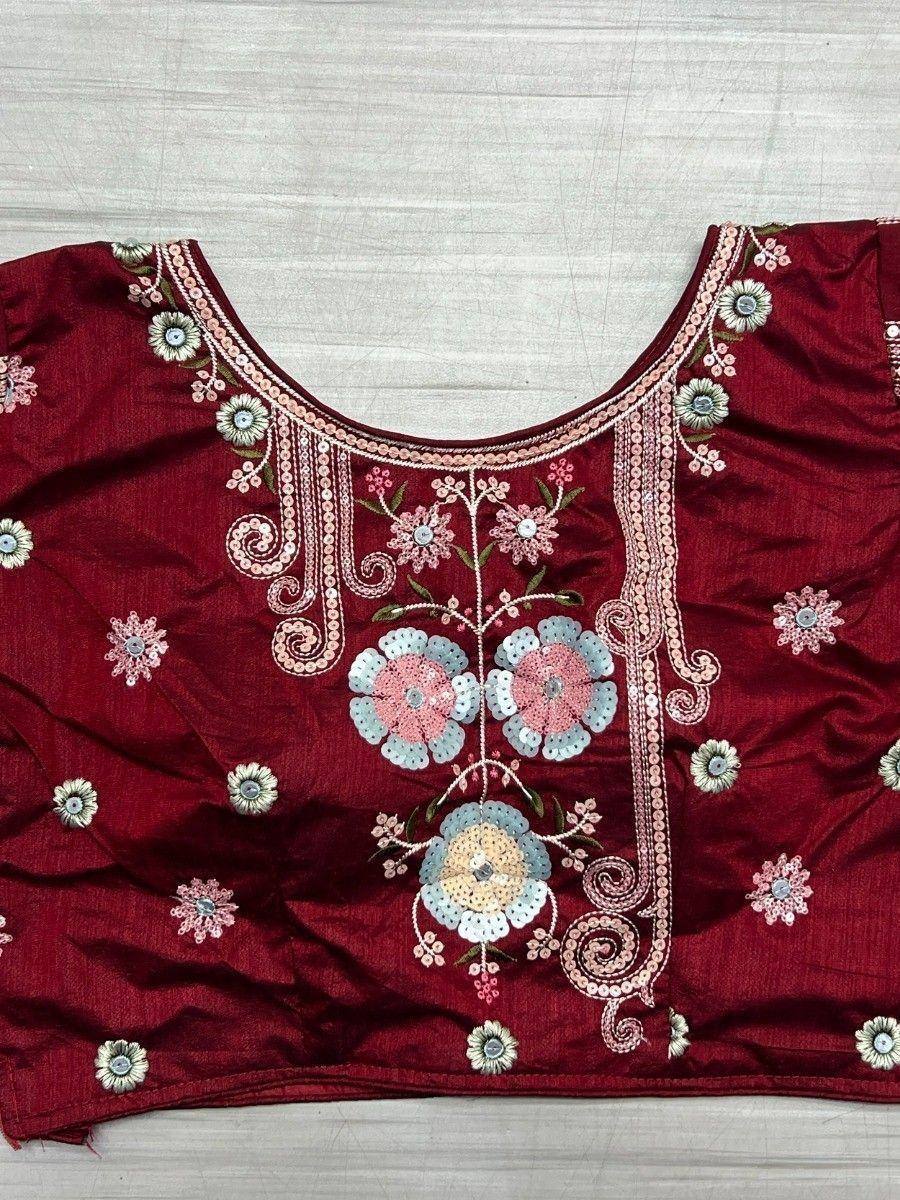 Maroon ethnic blouse with floral sequin embroidery, perfect for designer lehenga choli or saree sets
