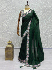 Fascinating Green Sequins Silk Cocktail Party Wear Saree With Blouse