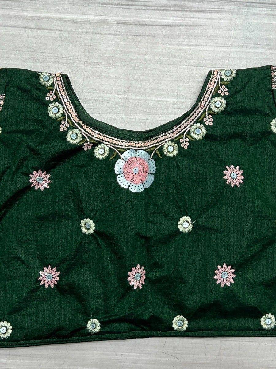 Green ethnic blouse with floral embroidery and mirror work, perfect for Indian wear