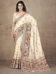 Fascinating Beige Zari Weaving Pashmina Silk Festival Wear Saree
