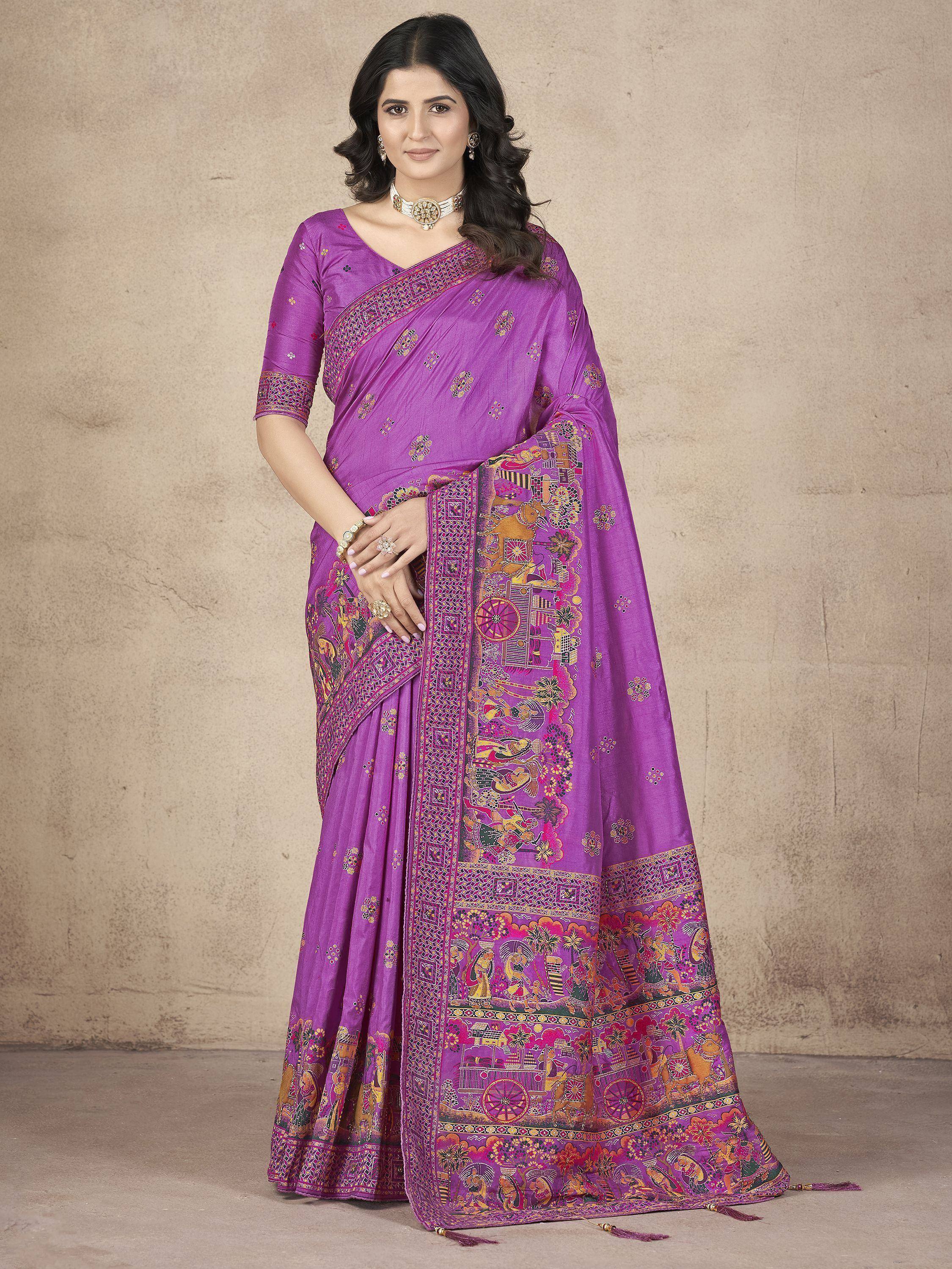 Purple designer saree with intricate ethnic print and gold detailing, perfect for Indian occasions