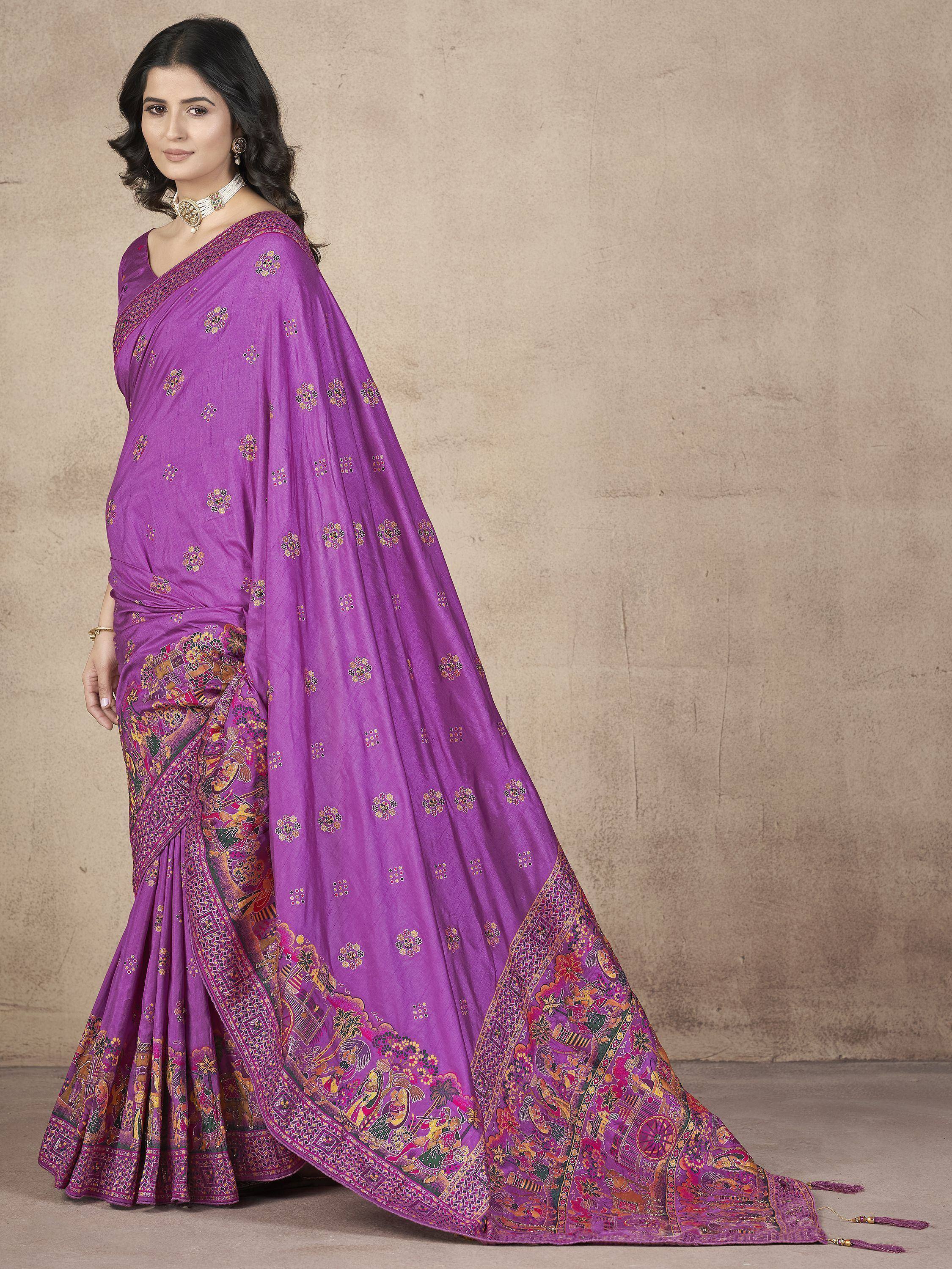 Purple printed saree with intricate floral and traditional motifs, perfect for ethnic occasions