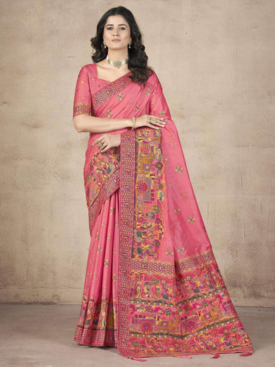 Bewitching Coral Pink Zari Weaving Pashmina Silk Saree With Blouse