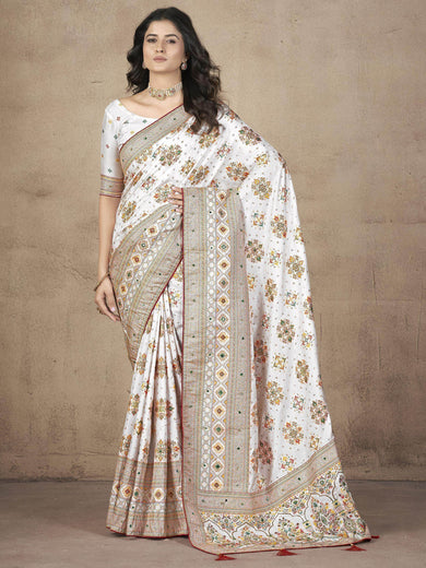 Attractive Off-White Zari Weaving Pashmina Silk Festival Wear Saree