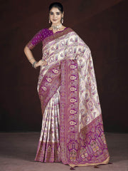 Majestic Cream & Purple Zari Weaving Banarasi Silk Traditional Saree