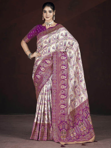 Majestic Cream & Purple Zari Weaving Banarasi Silk Traditional Saree