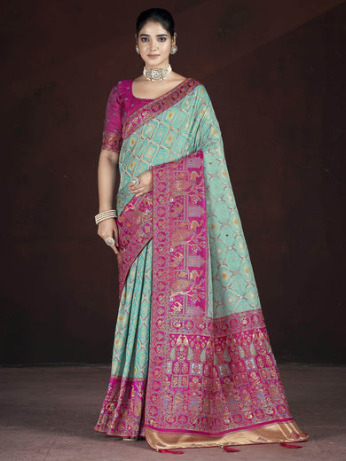 Gorgeous Teal Green Zari Weaving Banarasi Silk Festival Wear Saree