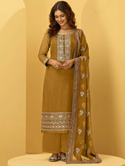 Woman in mustard embroidered Indian salwar kameez with floral dupatta, Ethnic Plus fashion