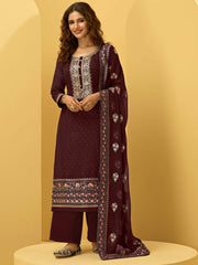 Wine Georgette Thread Embroidered Festive Palazzo Suit