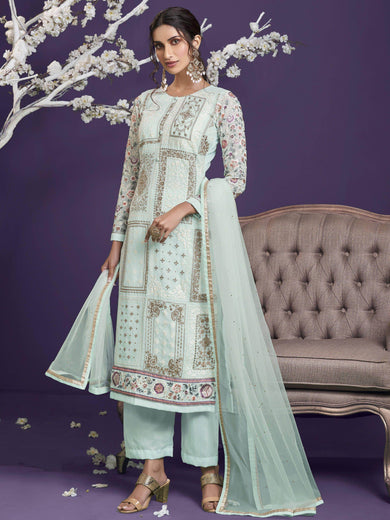 Lovely Sky Blue Floral Embroidery Party Wear Salwar Suit