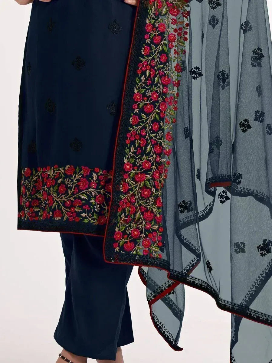 Navy blue salwar kameez with red floral embroidery and sheer dupatta, ethnic Indian wear
