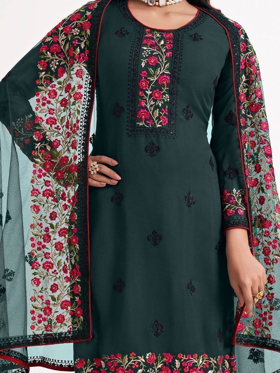 Dark green designer salwar kameez with vibrant floral embroidery and matching dupatta