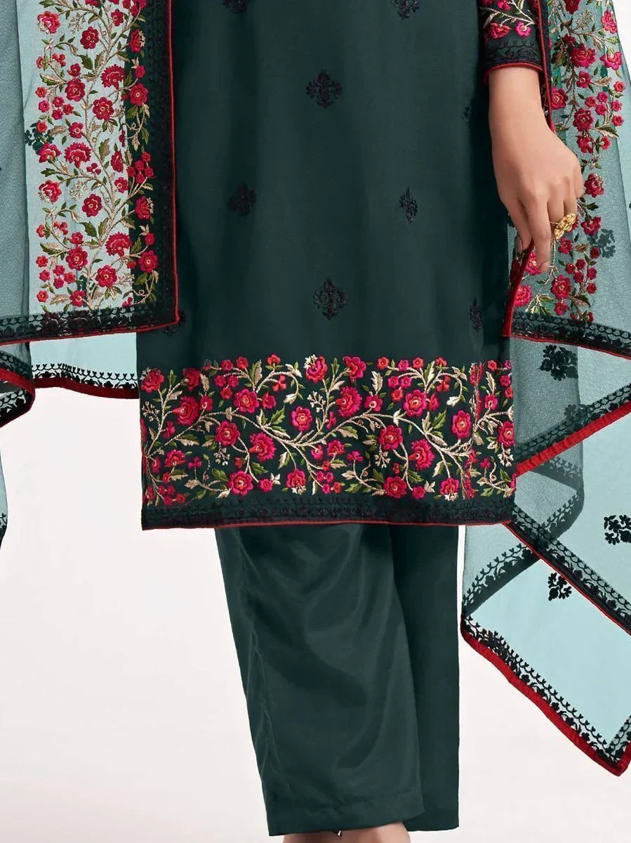 Dark green salwar kameez with floral embroidery and matching dupatta, ethnic wear