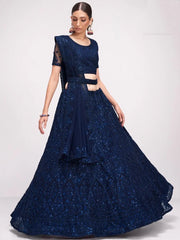 Abundant Dark Blue Thread Embroidery Net Monochrome Lehenga Choli