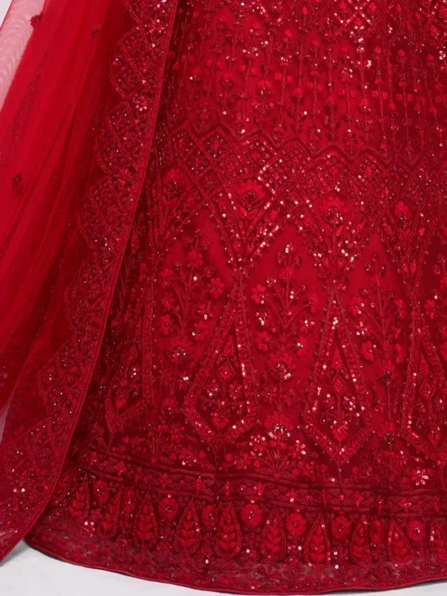 Red designer lehenga with intricate sequin and embroidery detailing for Indian ethnic wear