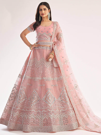Admirable Baby Pink Gota Work Net Wedding Wear Lehenga Choli