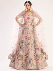 Excellent Peach Sequins Embroidered Net Wedding Wear Lehenga Choli