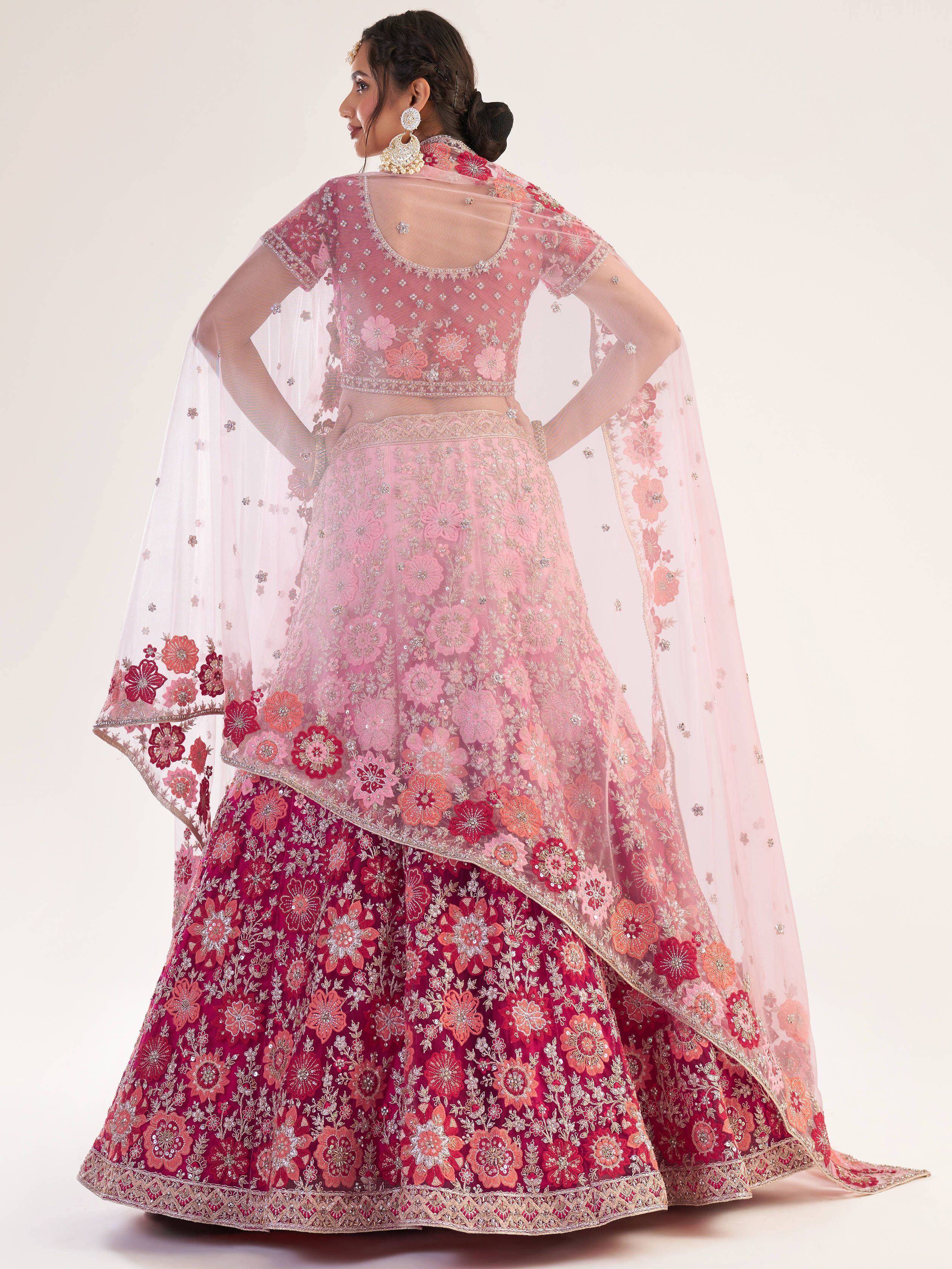 Pink and red floral embroidered lehenga choli with sheer cape, Indian ethnic wear for weddings