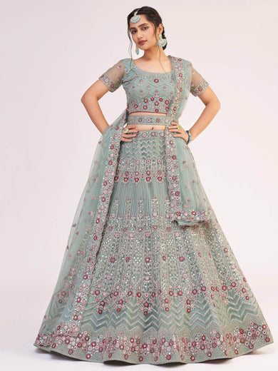Remarkable Green Sequins Embroidered Net Wedding Wear Lehenga Choli